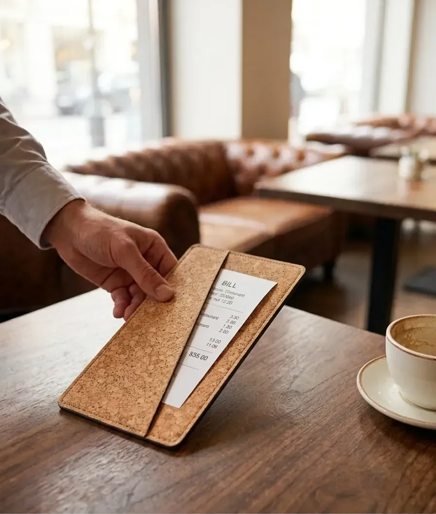 Cork bill folders and check presenters, with your restaurant name