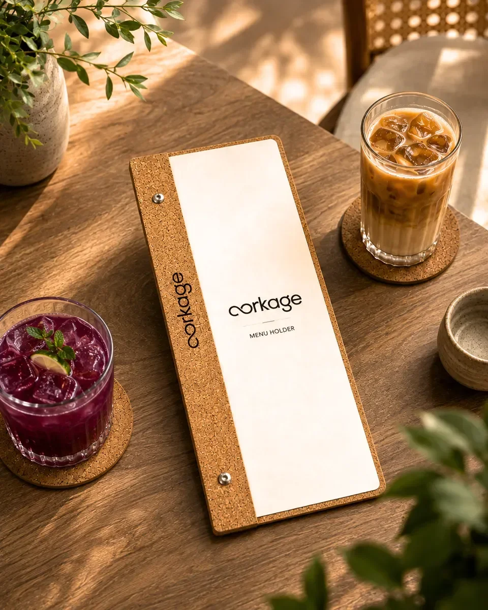 Cork menu holders and menu covers for restaurants